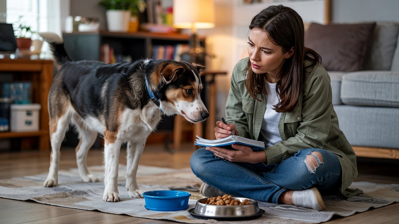 "Dog showing low appetite while owner observes behavior near food and water bowls at home"