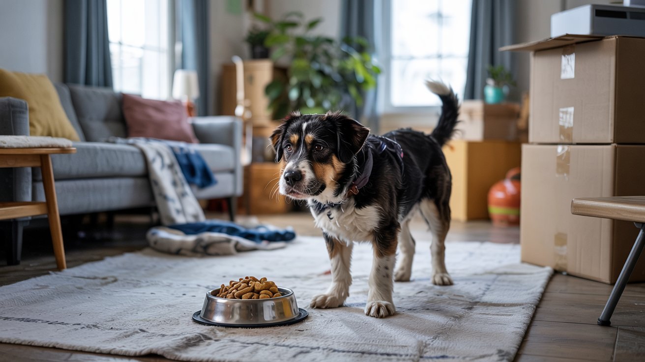 "Anxious dog ignoring food bowl in changed home environment with moving boxes around"
