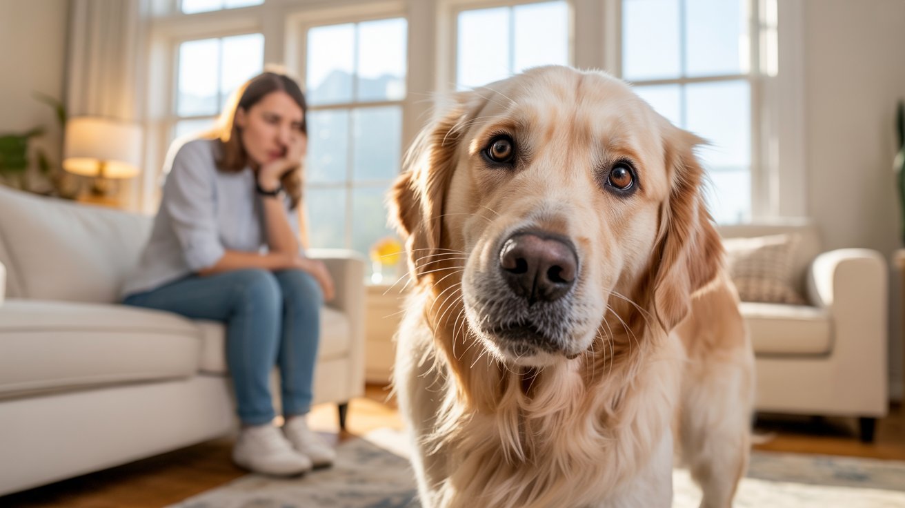 Dog repeatedly sneezing indoors while owner observes symptoms in a bright home setting.