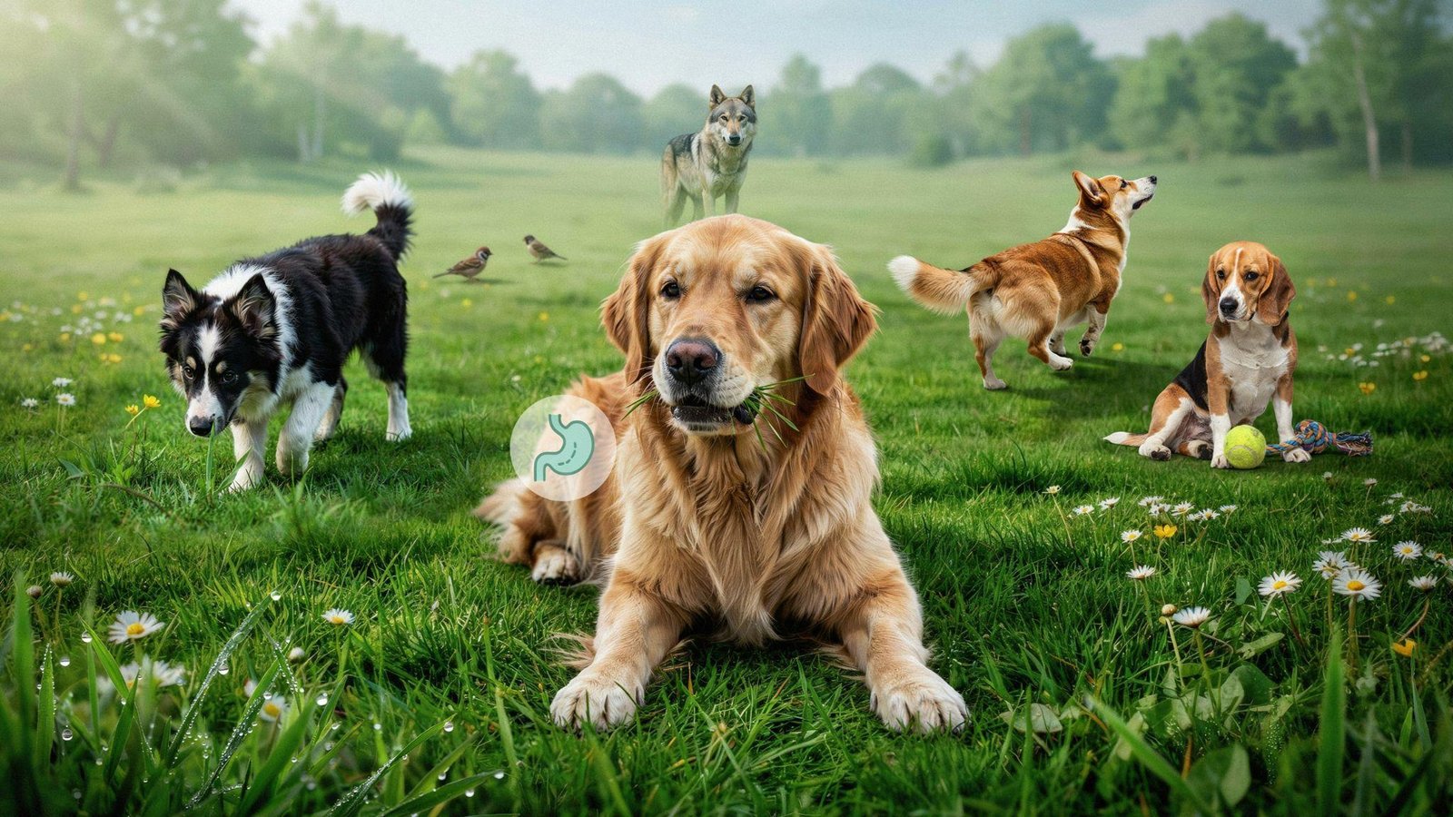 Dog eating grass with visual cues showing instinct, digestion, curiosity, boredom, and anxiety.