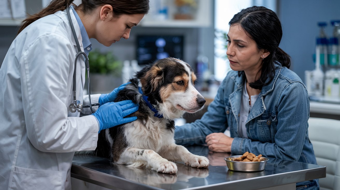 "Lethargic dog in vet clinic showing loss of appetite while vet examines condition"