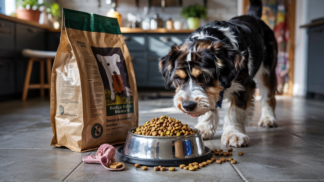 "Dog refusing stale kibble beside unsealed food bag in kitchen"
