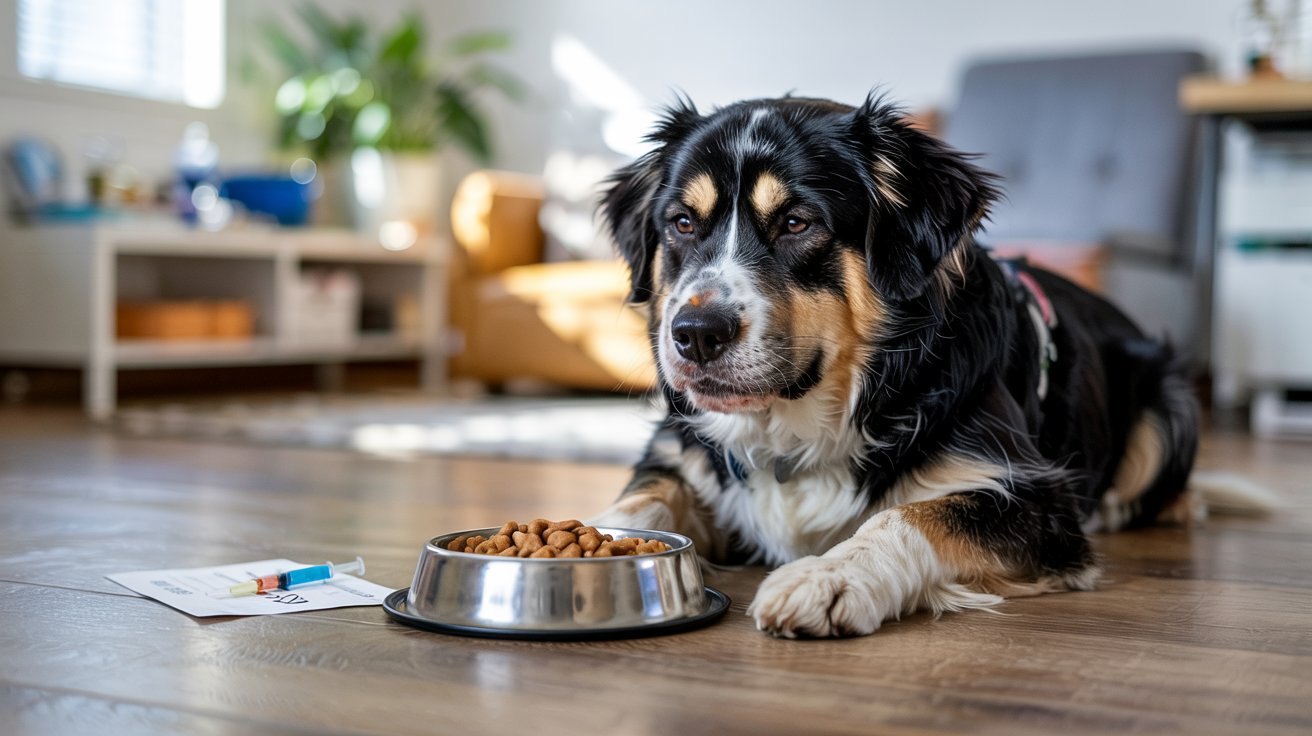 "Dog showing mild loss of appetite after vaccination while resting calmly near food bowl at home"