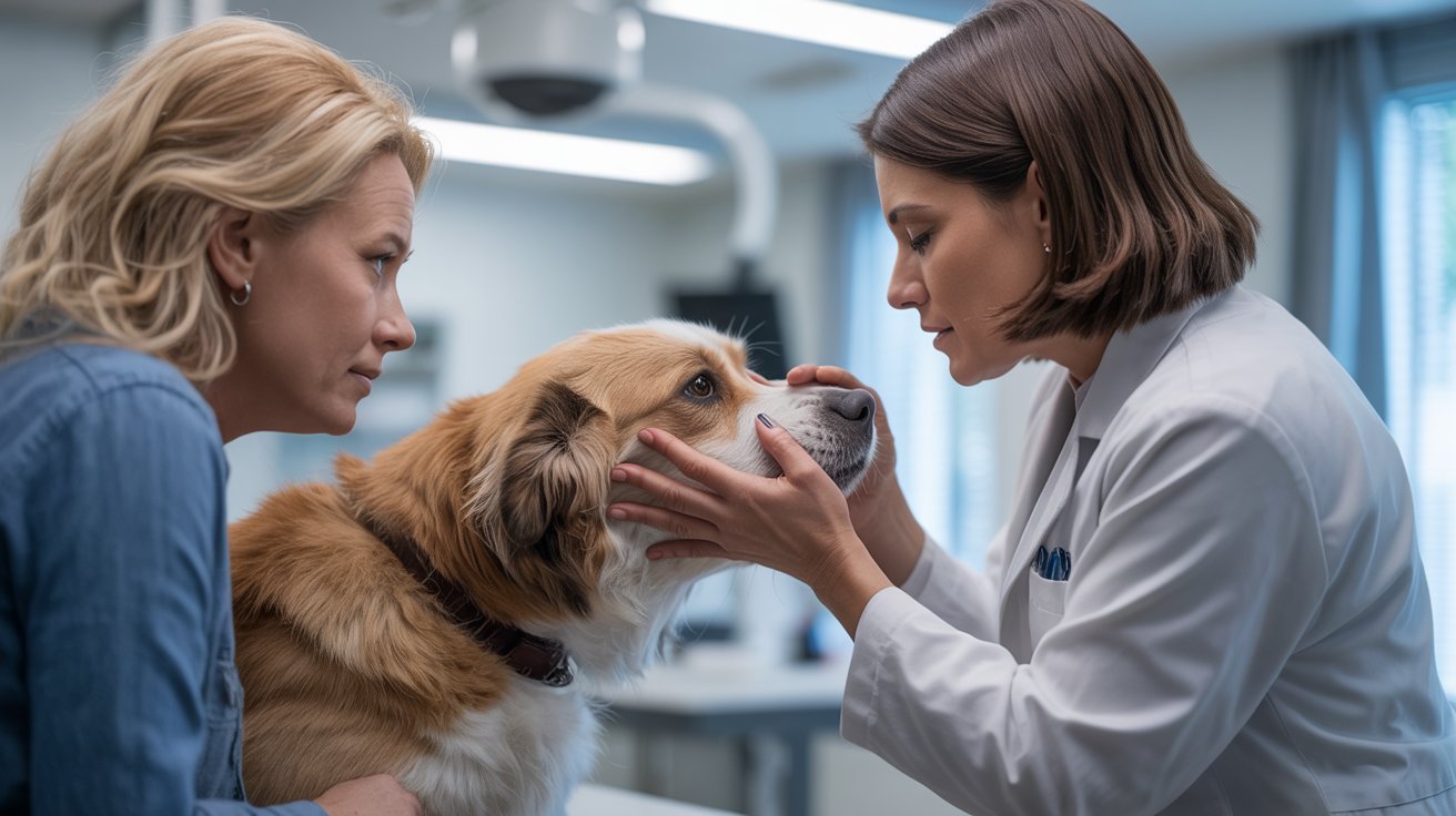 Veterinarian examining sneezing dog while concerned owner seeks care for worsening symptoms.