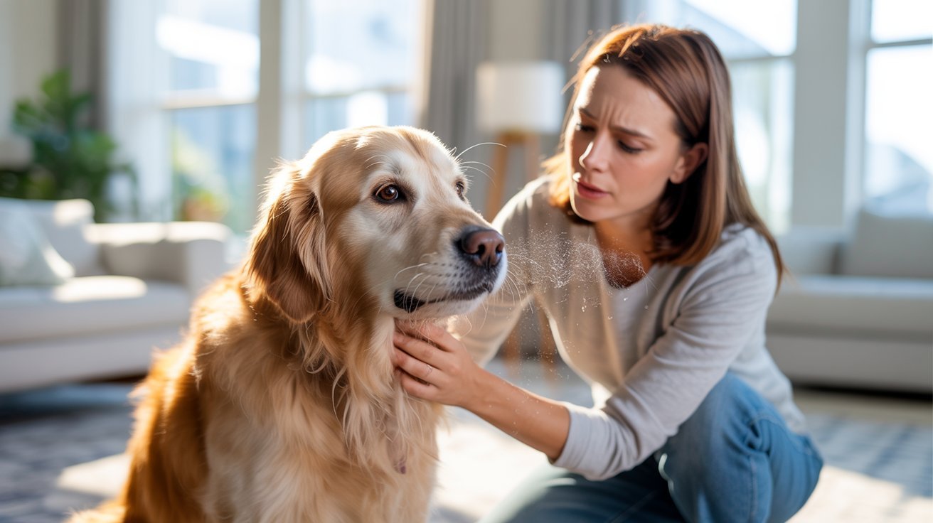 Dog sneezing indoors beside concerned owner, highlighting pet health symptoms in bright home.