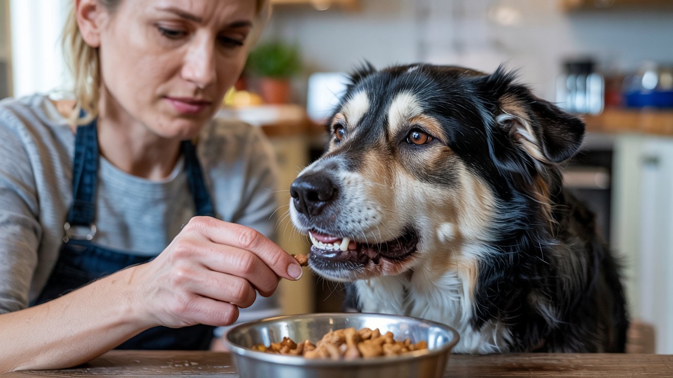"Dog avoiding food due to dental pain while owner checks mouth for gum or tooth issues"