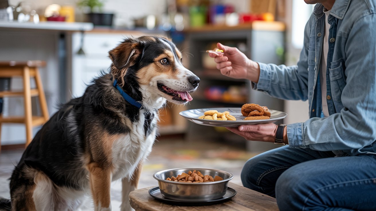 "Healthy dog ignoring regular food while looking toward owner holding treats showing picky eating behavior"