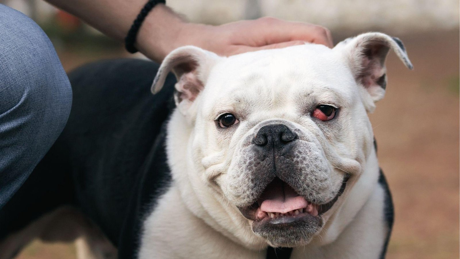 White bulldog with sudden red swollen cherry eye and inflamed third eyelid, hand on head