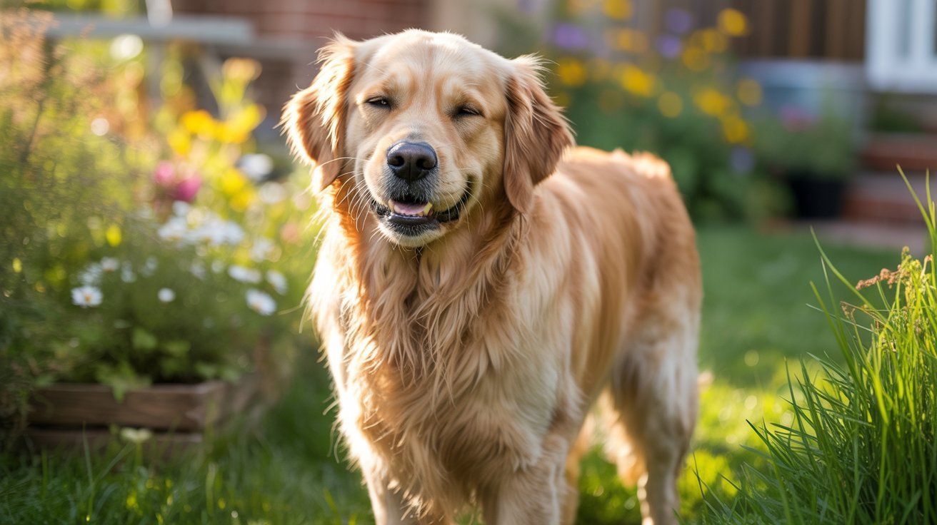 Dog sneezing outdoors in garden surrounded by grass and flowers on sunny day.