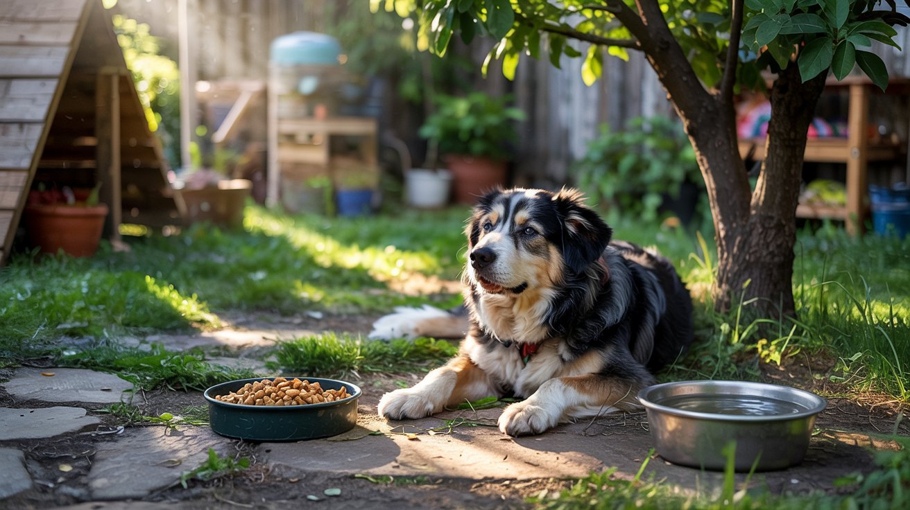 "Dog resting in summer heat shade showing reduced appetite near untouched food bowl and water bowl"