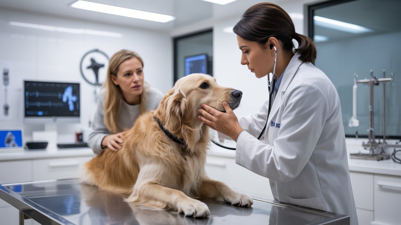 Veterinarian examining dog and reviewing symptoms to diagnose frequent sneezing causes.