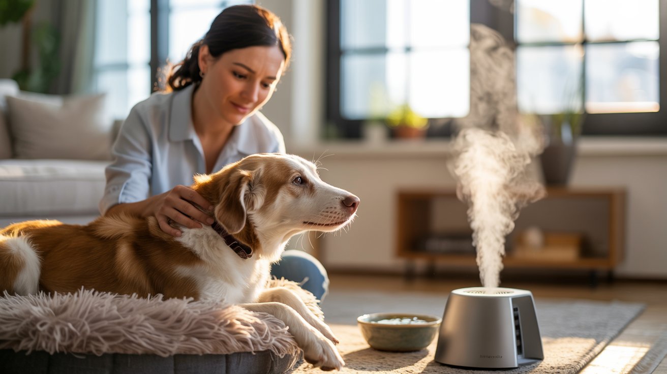 Dog receiving gentle home care with water, rest, and humidifier for comfort.