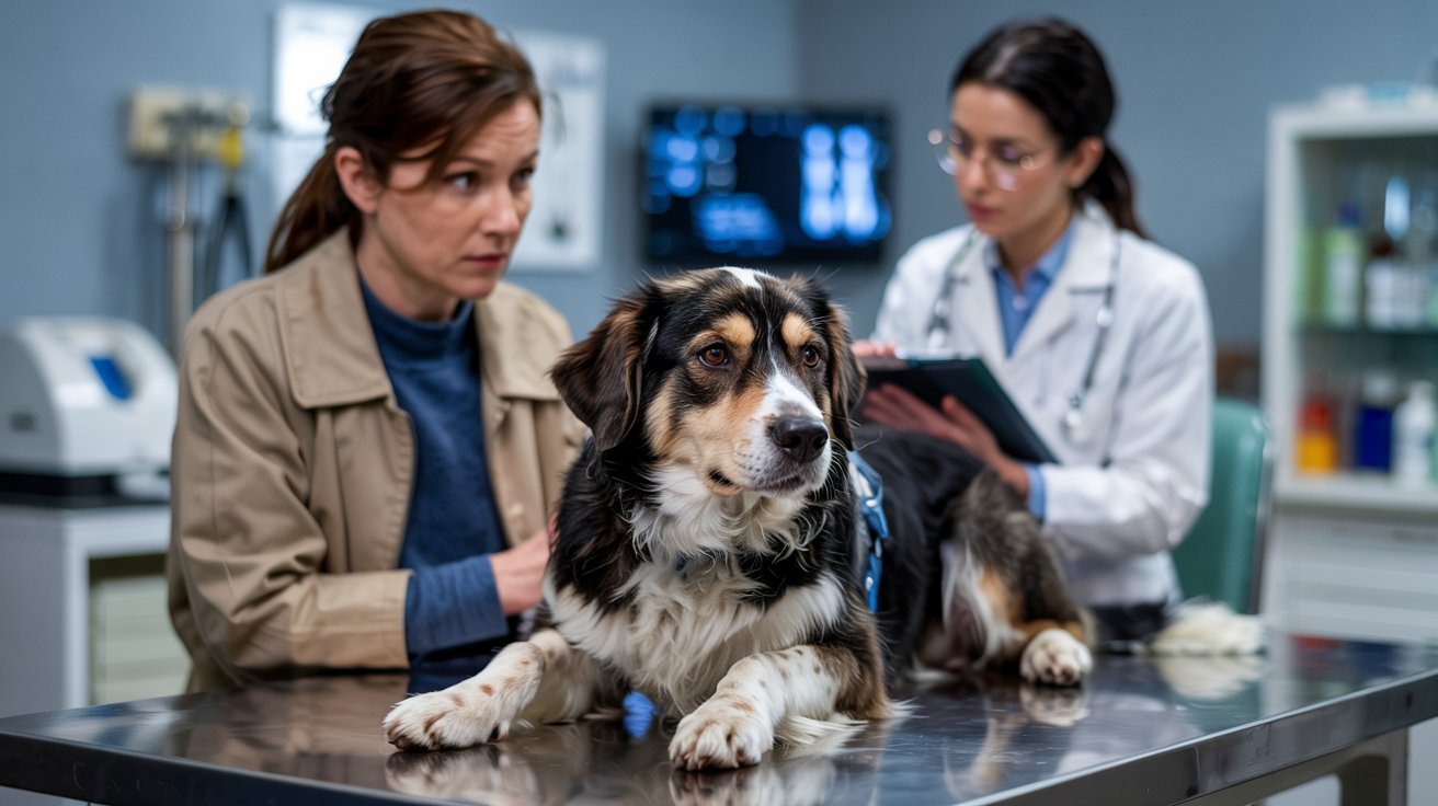 "Weak dog in veterinary clinic during health examination for serious underlying condition"