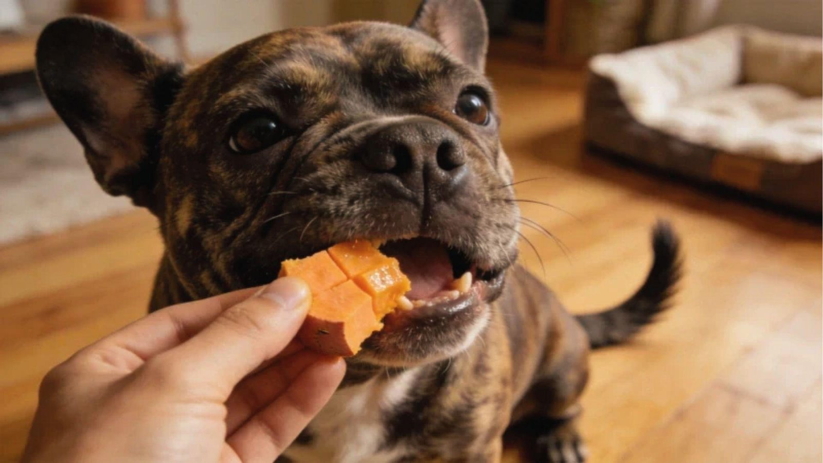 French bulldog happily eating diced sweet potato from a hand, a safe and tasty treat for pups.