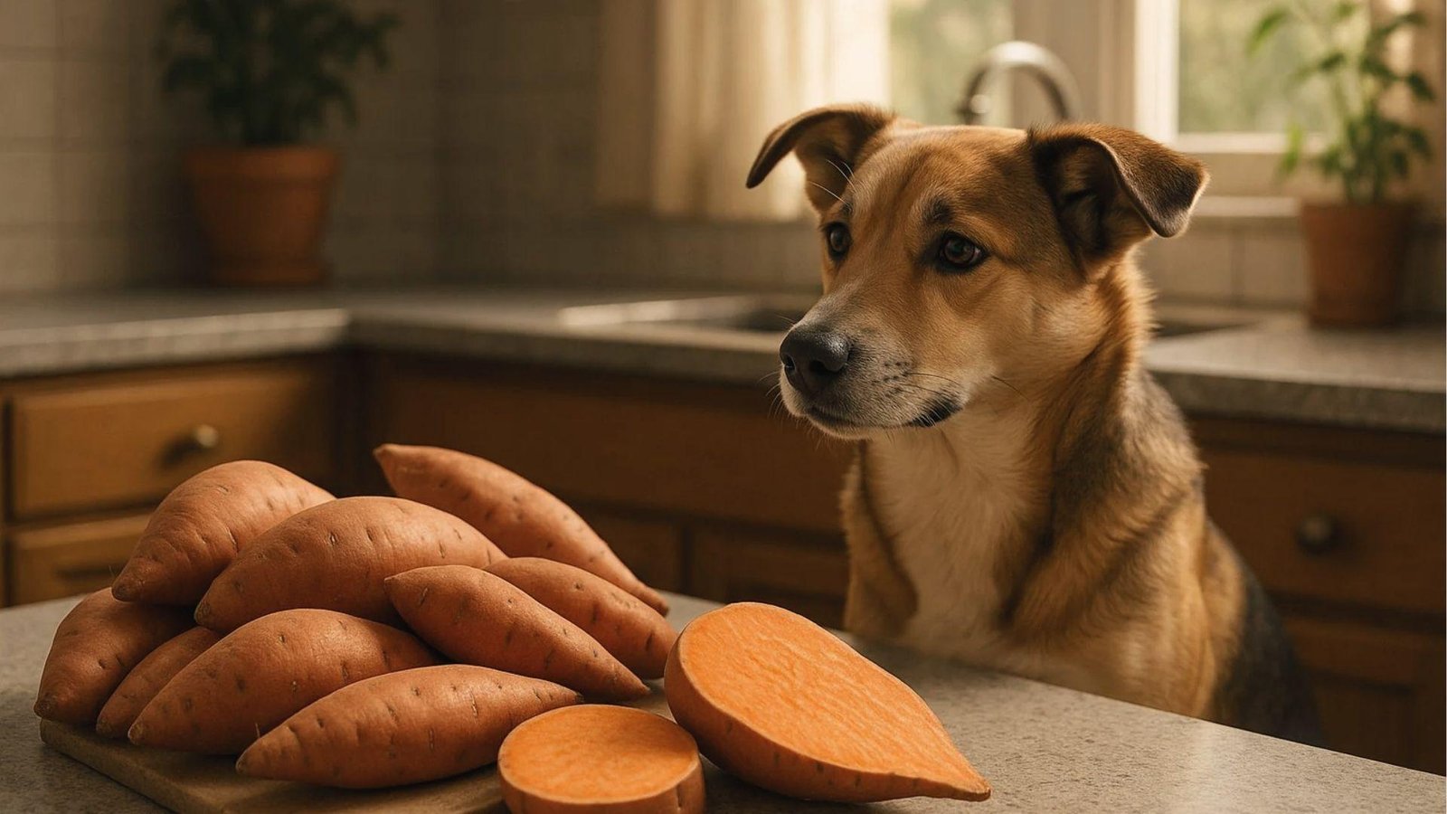 Brown dog eyes cut sweet potatoes on the kitchen counter, asking if this healthy veggie is dog safe.