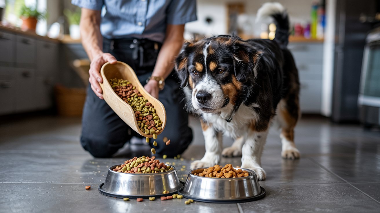 "Dog hesitating to eat mixed old and new food after sudden diet change at home"