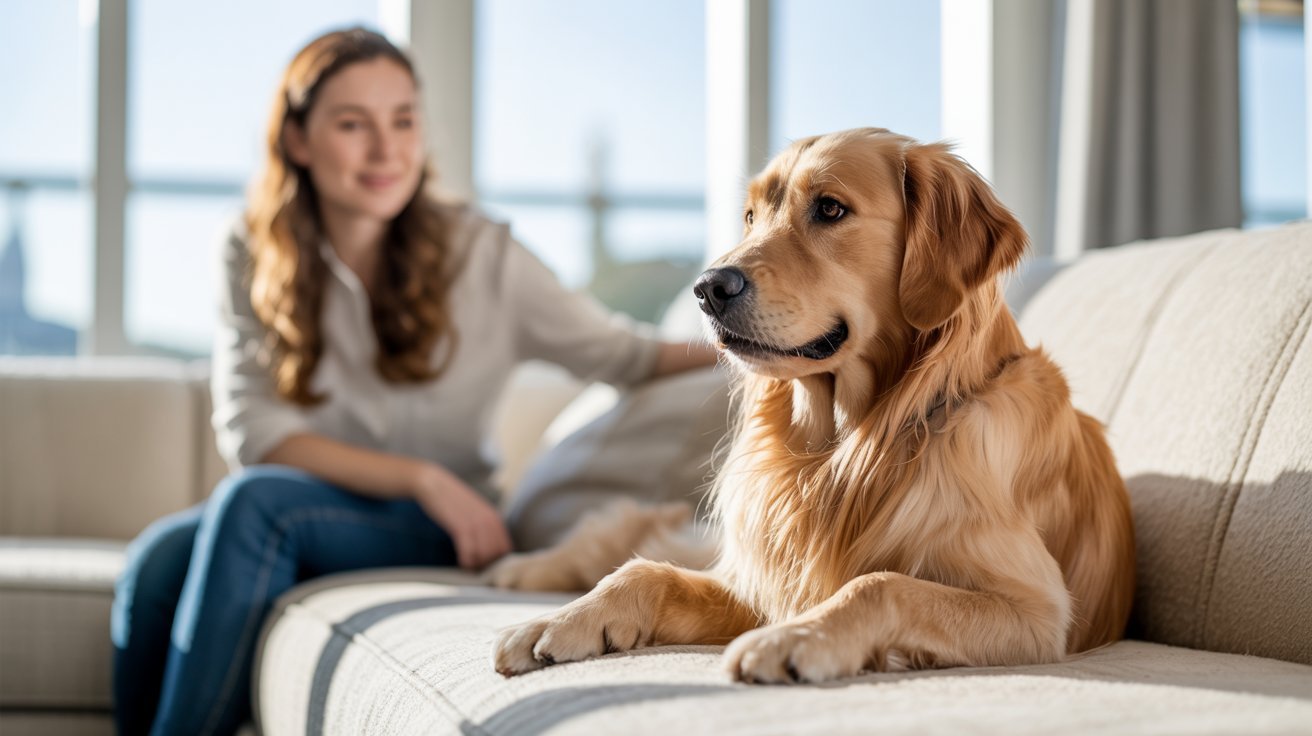 Healthy dog resting comfortably at home after mild sneezing with attentive owner nearby.